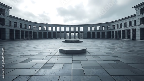 A vast, empty stone plaza with a solitary podium under overcast light.