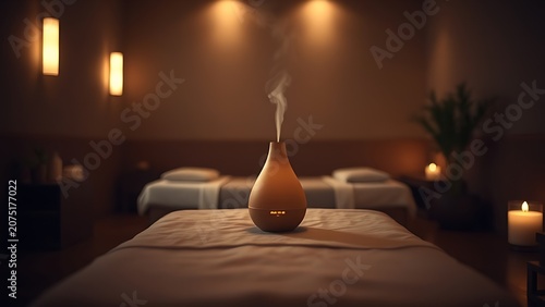 A dimly lit SPA room with a warm glow from an oil diffuser.