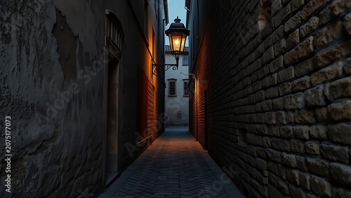 A narrow cobblestone alley with weathered walls leads to a vintage street lamp at the end in dusk light.
