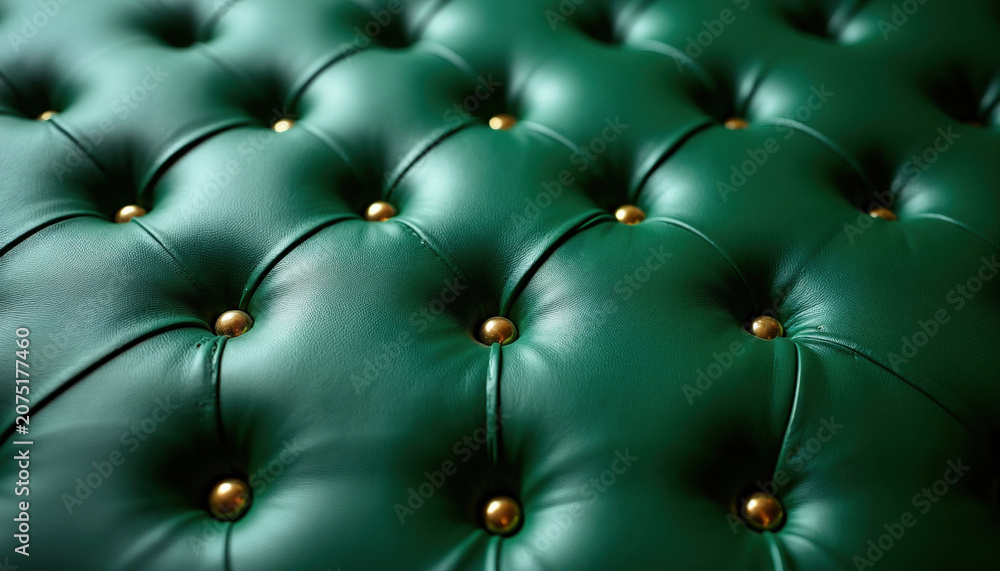 Fototapeta premium Close view of green tufted leather upholstery. Deep dimples and gold studs create a repeating geometric texture pattern. Luxurious material adds rich depth and tactile quality to surfaces.