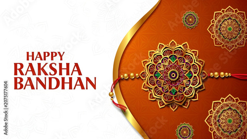 Greeting background with decorated rakhi and gift for Raksha Bandhan (Bond of protection and care) – Indian festival of sisters and brothers