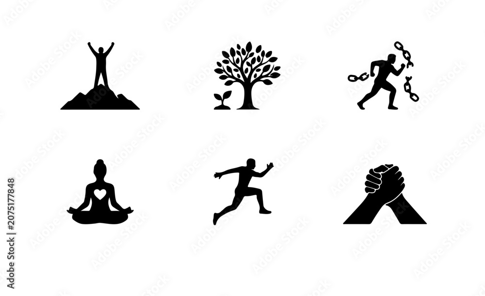 Fototapeta premium Success, Growth, Freedom Icons: Achievement, Yoga, Running, Partnership Vector Set