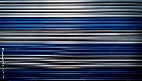 A Dark Blue And Black And White Abstract Background Features A Textured Metallic Pattern Of Horizontal Corrugated Steel Lines With Industrial Gray Striped Shutter Detail