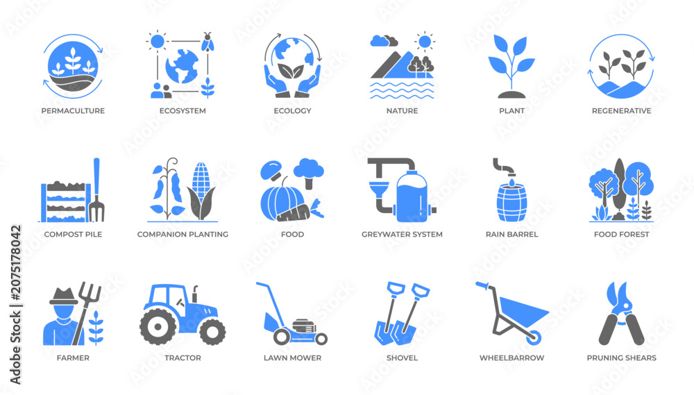 Fototapeta premium Agriculture and Eco Friendly Gardening Minimalist Glyph Icon Set Vector Illustration