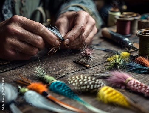 Fly tying close-up: Expert hands craft fishing lures with feathers and thread on a wooden table.