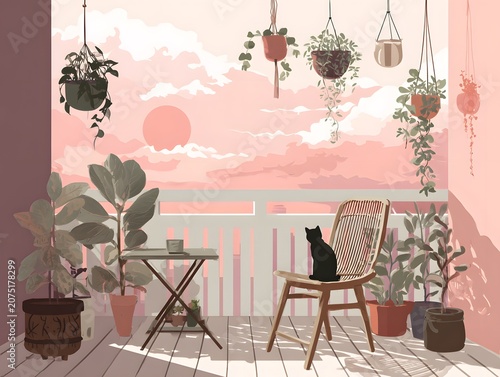 Peaceful balcony with a black cat sitting on a chair surrounded by plants and a pink sunset.