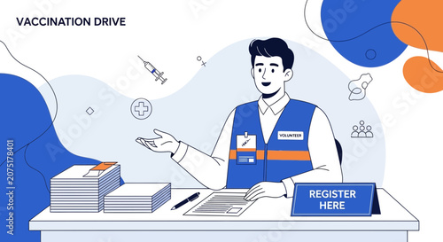 Vaccination Drive Registration: Healthcare Worker Assists at Desk