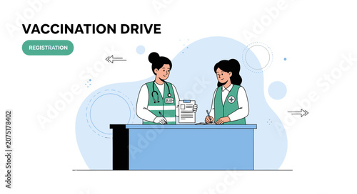 Vaccination Drive Registration: Healthcare Workers Assisting at Desk