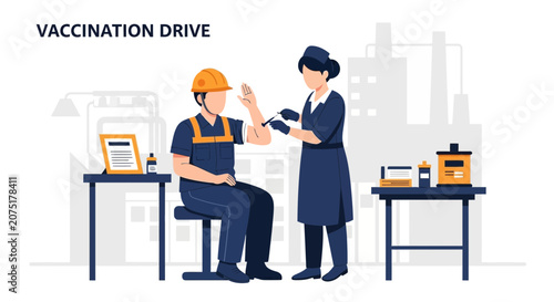 Vaccination Drive: Worker Receives Injection at Industrial Site Clinic