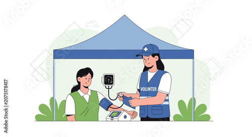 Volunteer checks blood pressure at outdoor health screening event