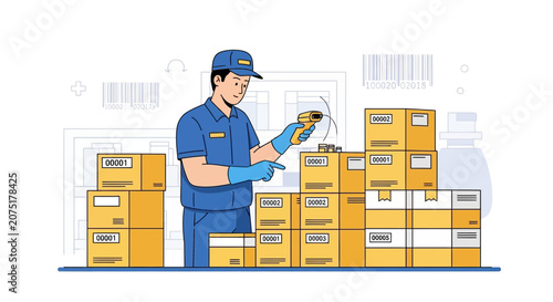 Warehouse Worker Scanning Packages with Barcode Scanner, Logistics and Delivery Concept