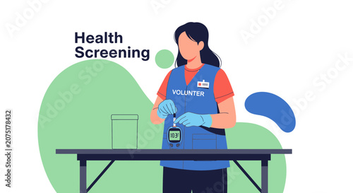 Volunteer Performs Health Screening with Blood Glucose Meter