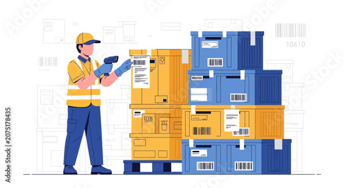 Warehouse worker scanning packages with barcode scanner, logistics and inventory management