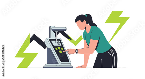 Woman Interacting with Medical Device, Symbolizing Health Screening and Medical Research