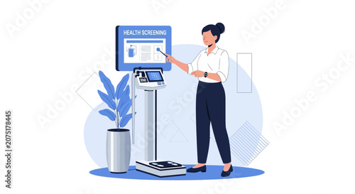 Woman Interacting with Health Screening Kiosk for Medical Checkup and Data Input