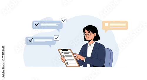 Woman in Business Suit Reviews Checklist and Chat Bubbles - Healthcare and Business Concept