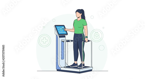Woman uses advanced body composition analyzer for health screening and fitness tracking