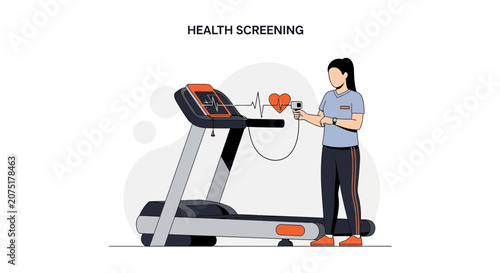 Woman undergoing health screening on treadmill with heart monitor, fitness checkup