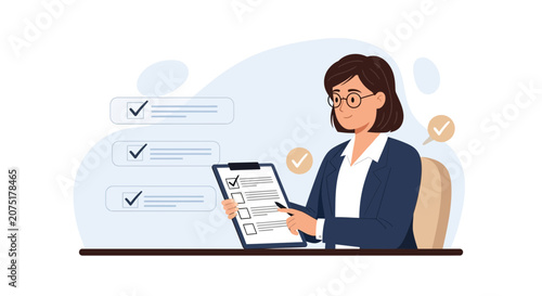 Woman with Glasses Checking Off Tasks on Clipboard, Businesswoman Organizing Work