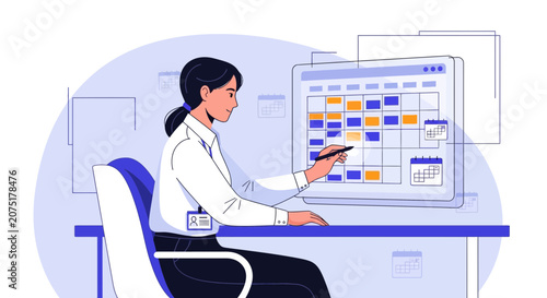 Woman planning schedule on digital calendar, business woman organizing tasks, time management concept