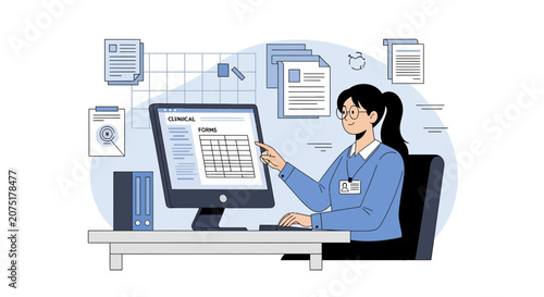 Woman Working on Medical Forms and Data on Computer, Healthcare Concept