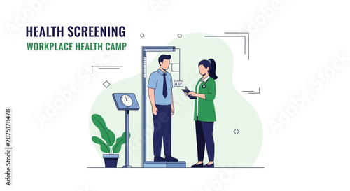 Workplace Health Screening: Doctor Measures Man's Height and Weight at Health Camp