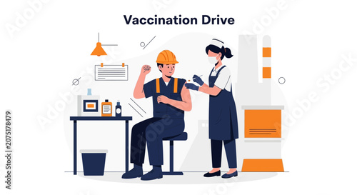 Worker receiving vaccine during vaccination drive at industrial site, healthcare worker administering shot