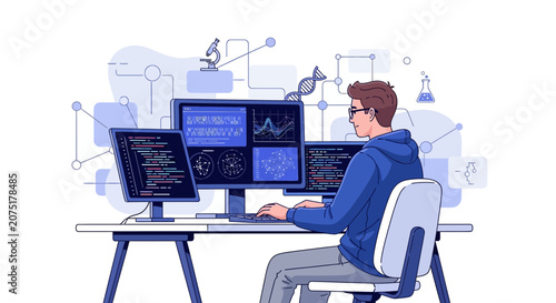 Young Man Coding on Multiple Monitors in a Modern Science Lab with DNA and Microscope