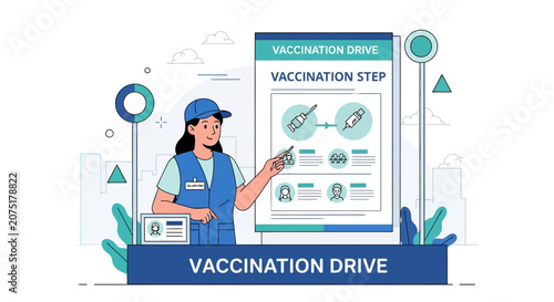 Vaccination Drive: Healthcare worker explains vaccination steps with infographics and syringes