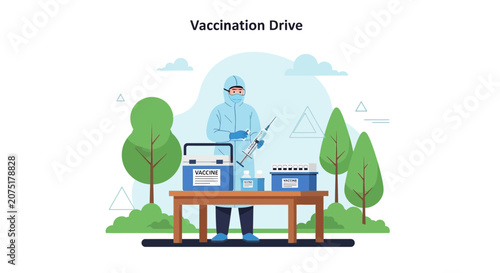 Vaccination Drive: Healthcare worker in protective suit prepares vaccine at outdoor clinic