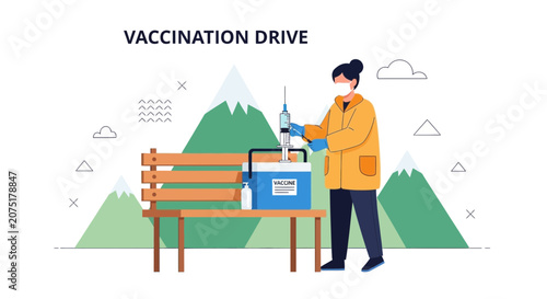 Vaccination Drive: Healthcare worker prepares vaccine syringe with medical cooler in scenic mountain backdrop