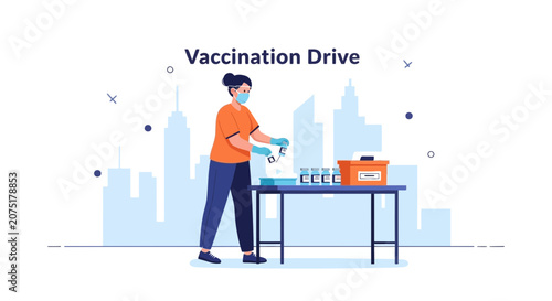Vaccination Drive: Healthcare worker prepares vaccines at outdoor clinic with city skyline background
