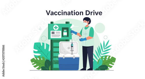 Vaccination Drive: Healthcare worker prepares vaccine with medical supplies and plants