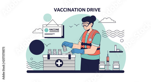 Vaccination Drive: Healthcare worker prepares vaccine doses from a medical kit.
