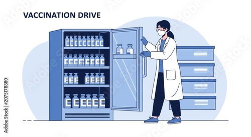 Vaccination Drive: Healthcare worker stores vaccines in a refrigerator for a clinic