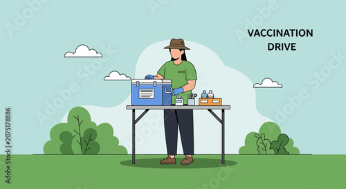 Vaccination Drive: Healthcare worker prepares vaccines outdoors with medical supplies.