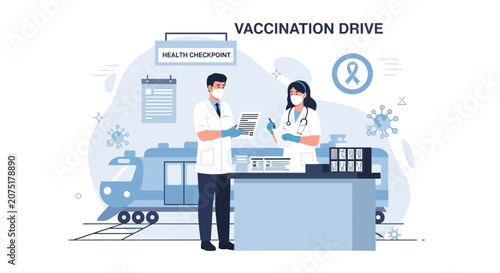 Vaccination Drive: Healthcare workers administer vaccine at mobile health checkpoint with train background