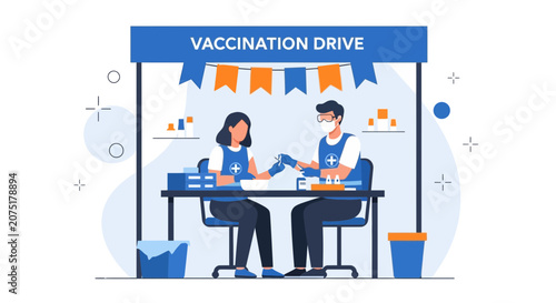 Vaccination Drive: Healthcare workers administer vaccine at a clinic booth, promoting public health.