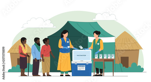 Vaccination Drive: Healthcare workers administer vaccines at a community health camp.