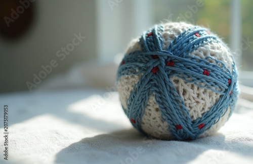 Close up of a decorative Japanese temari ball. White yarn base with blue thread pattern and small red accents. Traditional handicraft item resting on soft fabric.