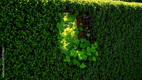 Neat hedge fence with vibrant green vines bursting through a created gap.