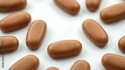 Several smooth, lozenge-shaped tablets in earthy brown tones on white.