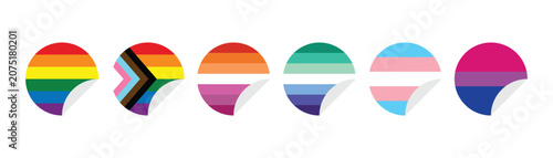 LGBTQ Pride flag circle lcons vector collection. Rainbow, progress and identity badge set. Lgbt identity badge symbol sticker with peel effect.