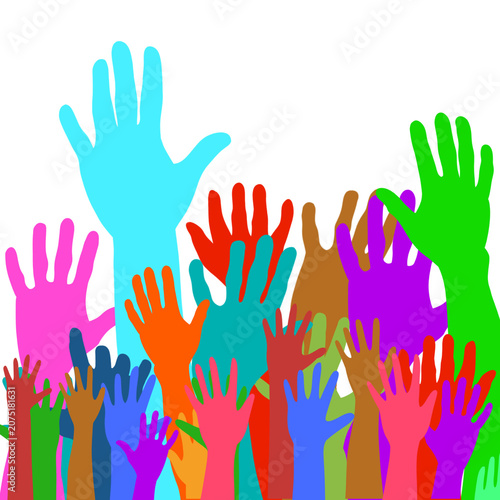 Colorful overlapping silhouettes of hands raised, donation and charity concept.