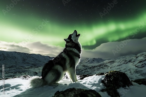 Greenland Dog howling on snowy ridge