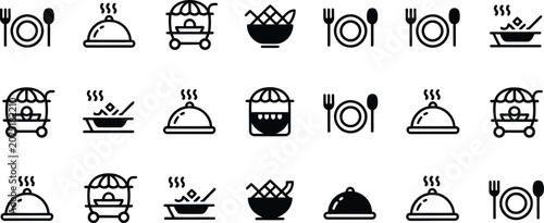 Food and drink icon set vector illustration with coffee tea cup cake cupcake pizza soup bread fish meat dessert restaurant kitchen cafe menu symbols vintage design