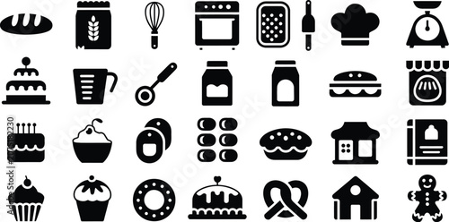 Set of food vector icons for web design restaurant kitchen symbols coffee cup drink pizza burger cake chef cooking pot knife black silhouette illustration design