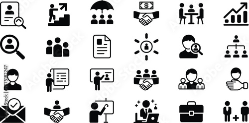 Set of black vector icons of business people, money, banking, communication, computer, phone, internet, network, car and web design symbols illustration