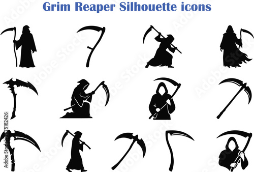 Foto Black silhouette of grim reaper with scythe and hourglass