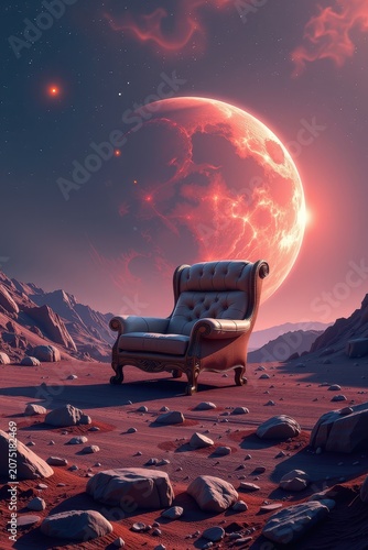 Elegant chair rests on barren world beneath glowing moon